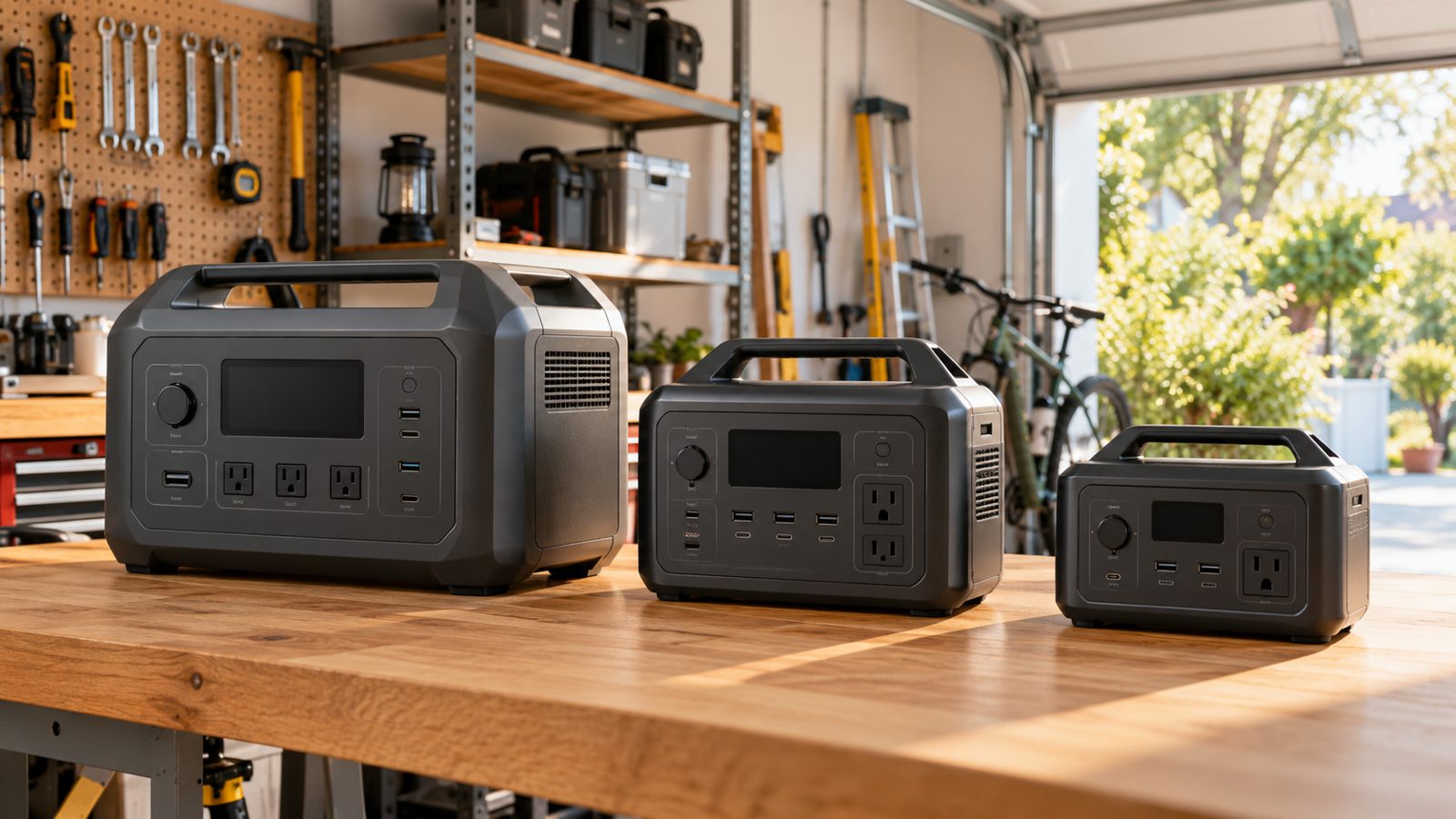 Three unbranded portable power stations of different sizes on a garage workbench (illustrative)
