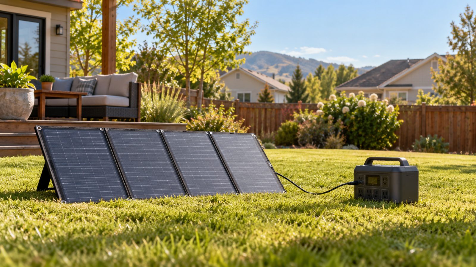 Foldable unbranded solar panels on a backyard lawn connected to a small battery unit